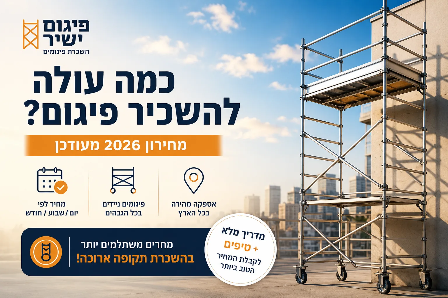 מחיר השכרה פיגום נייד — מחירון 2026 מעודכן: פיגום נייד אלומיניום בגובה מלא עם תמחור יומי, שבועי וחודשי